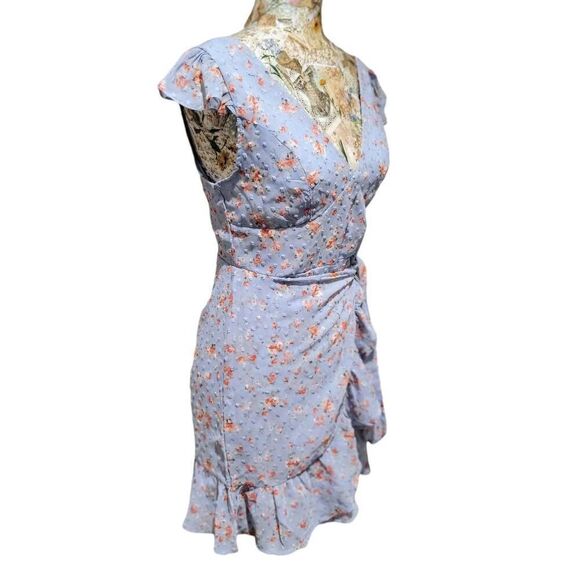 Dee Elly Blue Ditsy Floral Summer Ruffle Sleeves Girlcore Romantic Short Dress - Picture 4 of 10